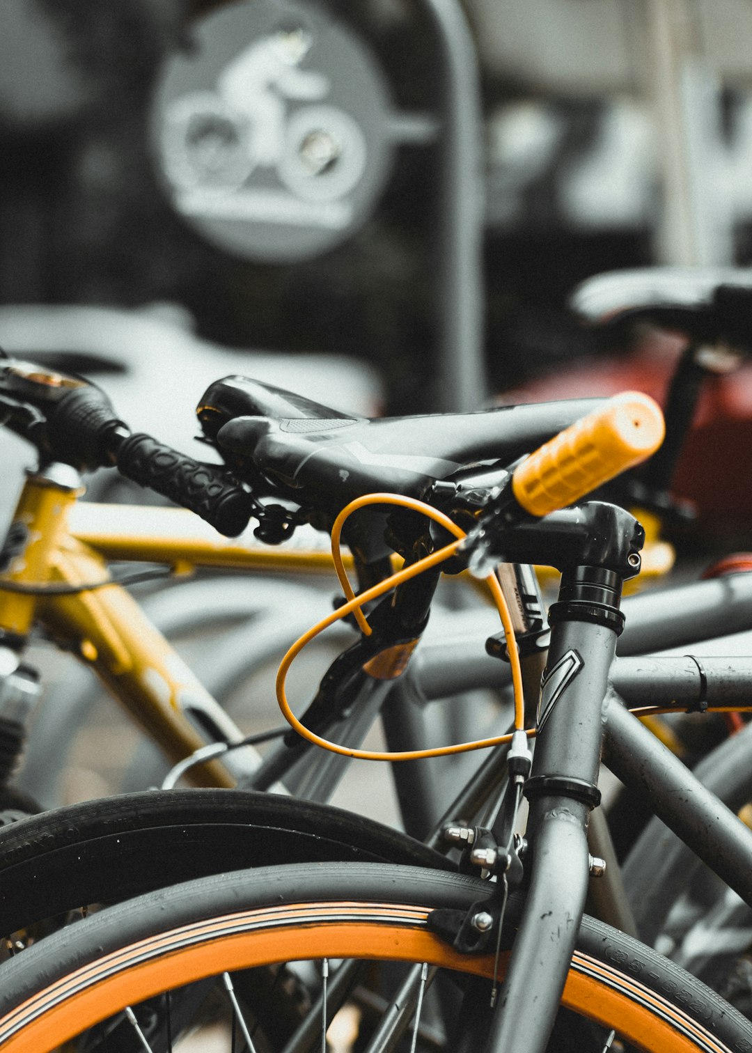 black and yellow bicycle in tilt shift lens