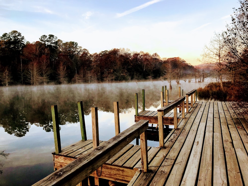 brown wooden dock on lake during daytime