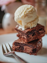 chocolate cake with white ice cream on white ceramic plate