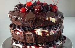 chocolate cake with strawberry on white ceramic plate