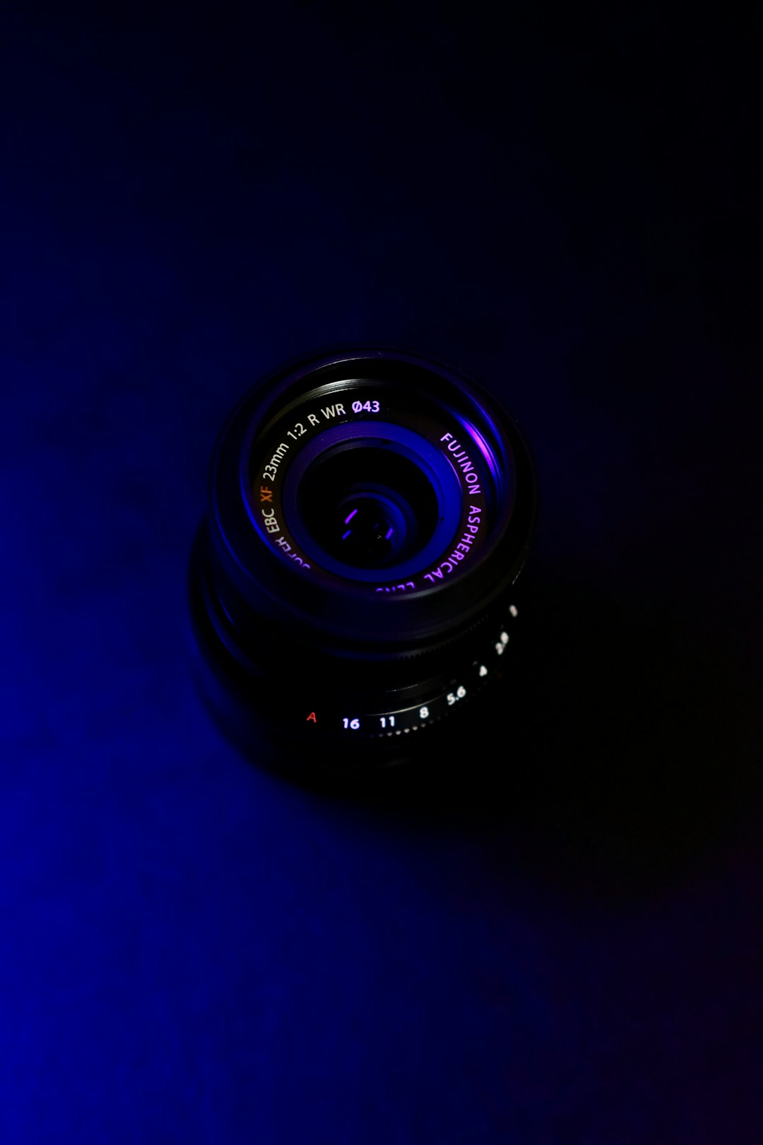 black camera lens on blue background