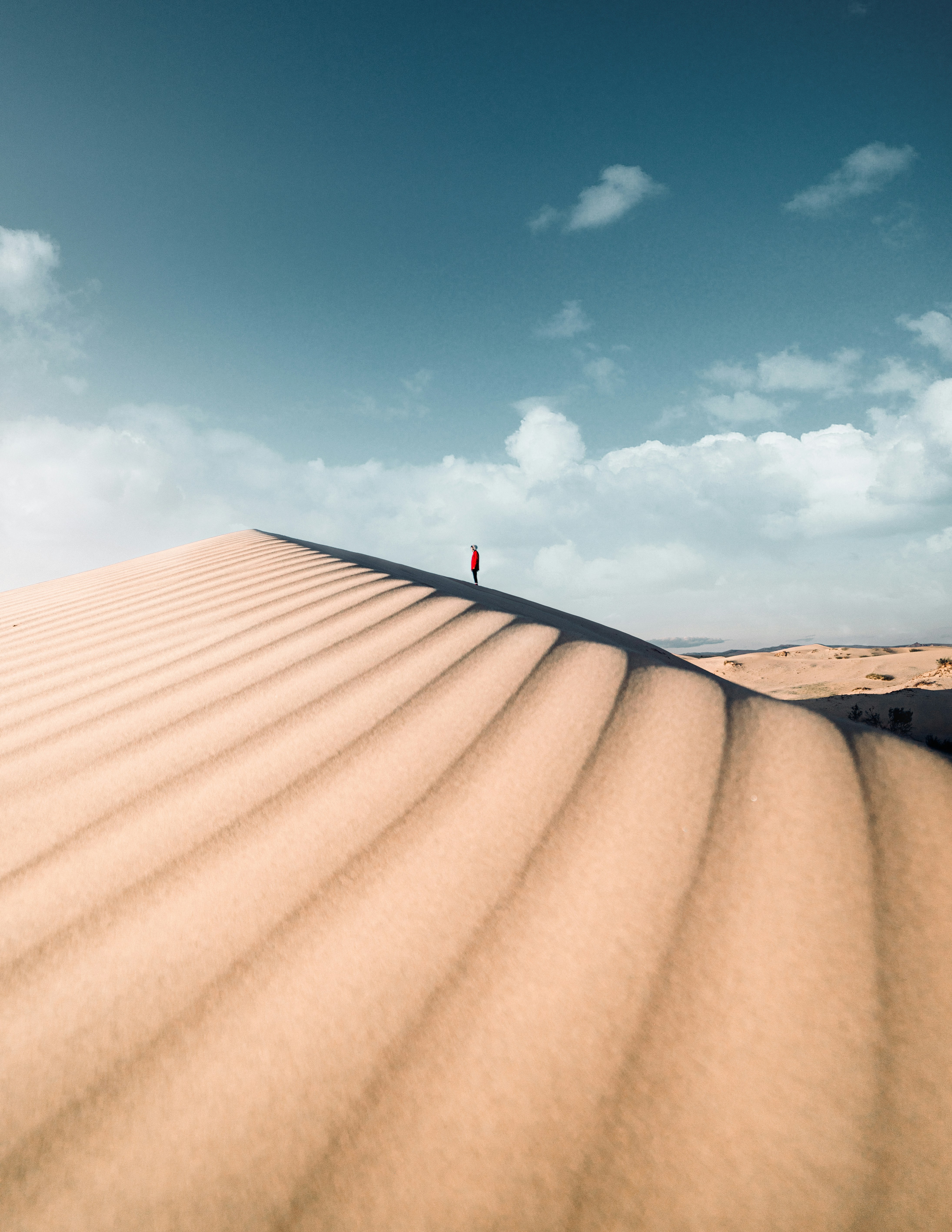 person in red shirt standing on brown sand under blue sky during daytime