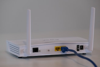 A white wireless router with two antennas is placed on a flat surface. The back of the router is visible, showing various ports including a yellow Ethernet port with a blue cable connected, power input, and a power switch.
