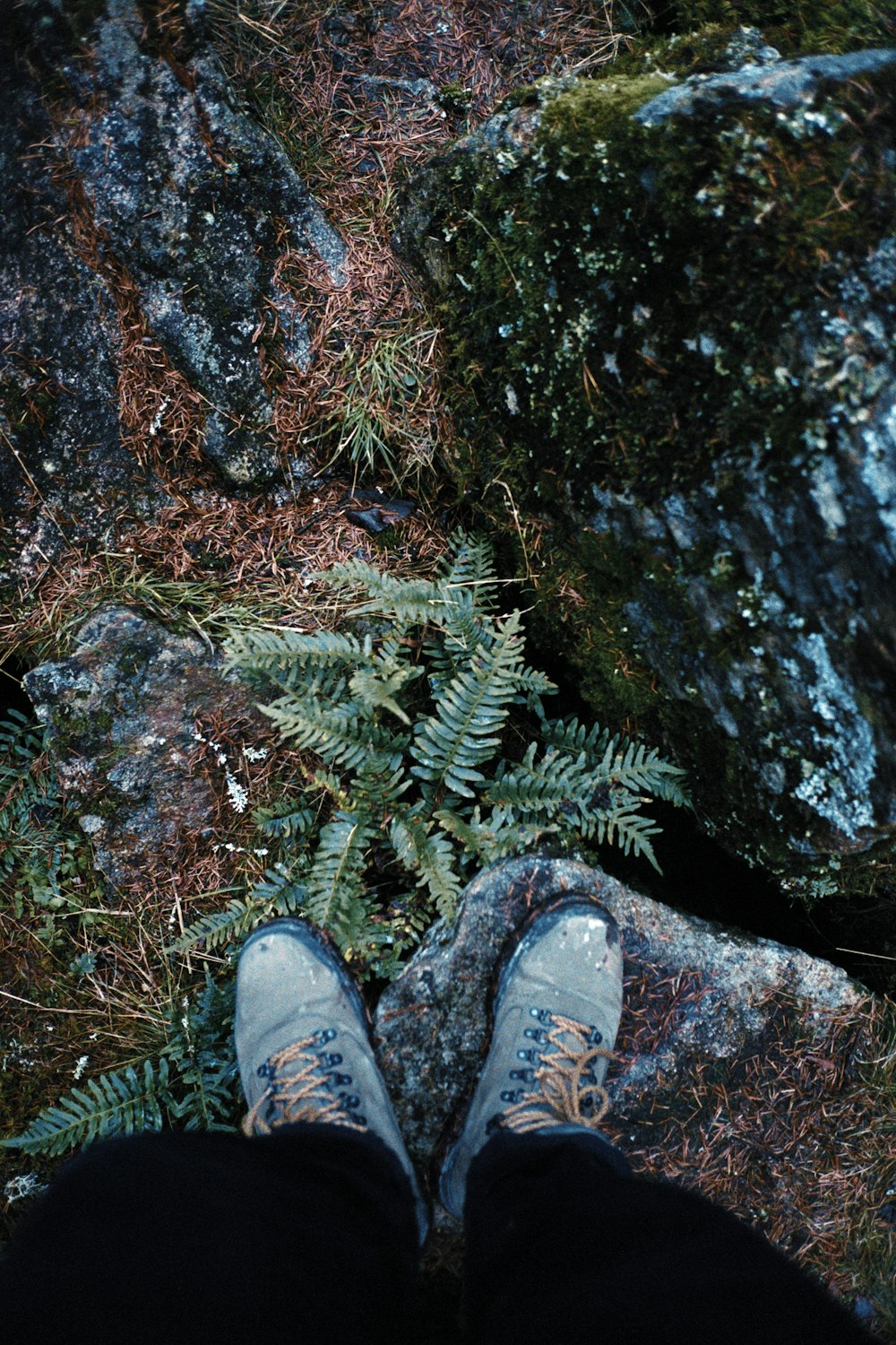 person wearing blue denim jeans and gray sneakers standing on black rock