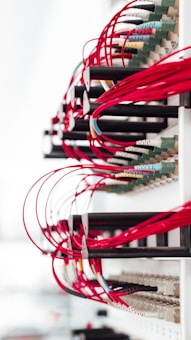 A collection of red cables is neatly organized and connected to various ports on a network rack. The cables are looped orderly, suggesting a structured setup, and the overall scene has a high-tech, organized appearance.