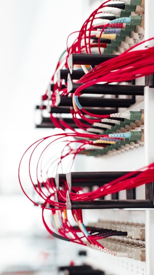 A collection of red cables is neatly organized and connected to various ports on a network rack. The cables are looped orderly, suggesting a structured setup, and the overall scene has a high-tech, organized appearance.