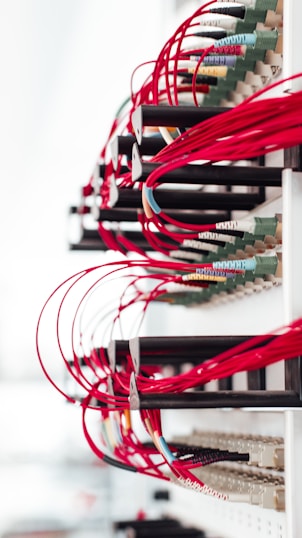 A collection of red cables is neatly organized and connected to various ports on a network rack. The cables are looped orderly, suggesting a structured setup, and the overall scene has a high-tech, organized appearance.