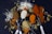 Five spoons hold different colored spices, surrounded by scattered powders and cardamom pods on a dark surface. The spices range from brown and white to orange and red, creating a colorful and textured composition.