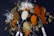 Five spoons hold different colored spices, surrounded by scattered powders and cardamom pods on a dark surface. The spices range from brown and white to orange and red, creating a colorful and textured composition.