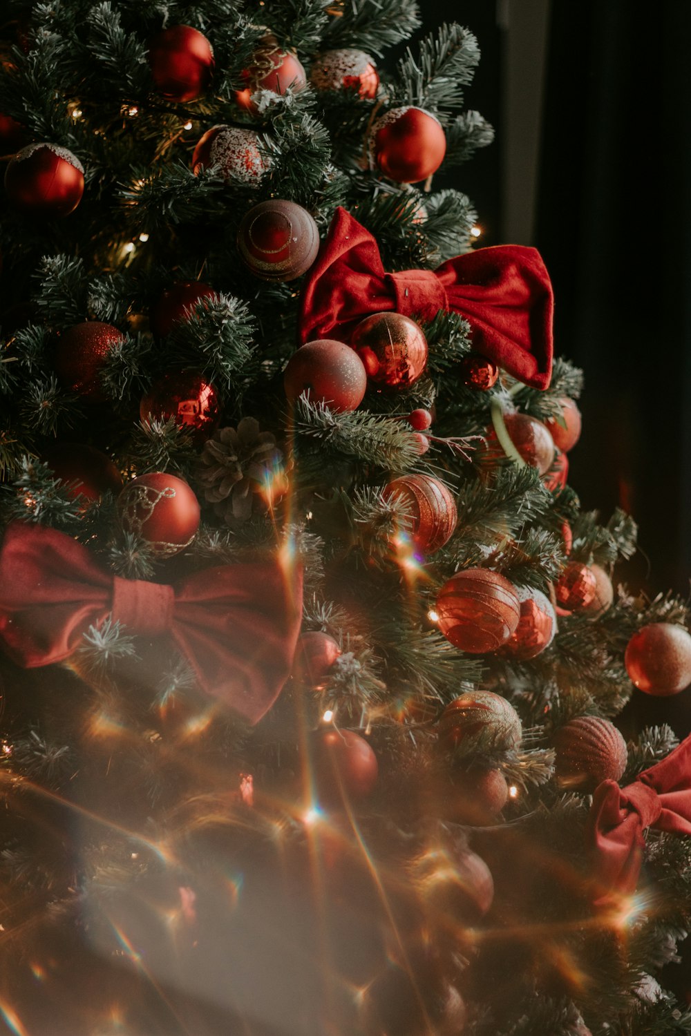 red and white baubles on christmas tree