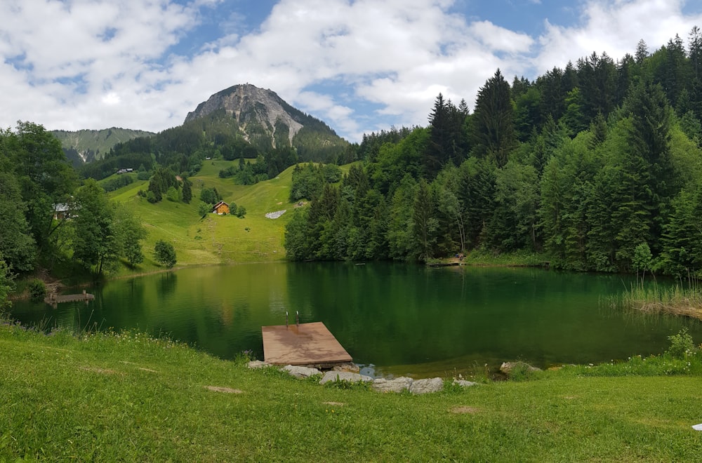 brown wooden dock on lake near green trees and mountain under white clouds and blue sky