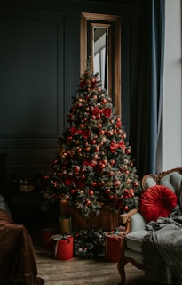 green christmas tree with red baubles