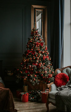 green christmas tree with red baubles