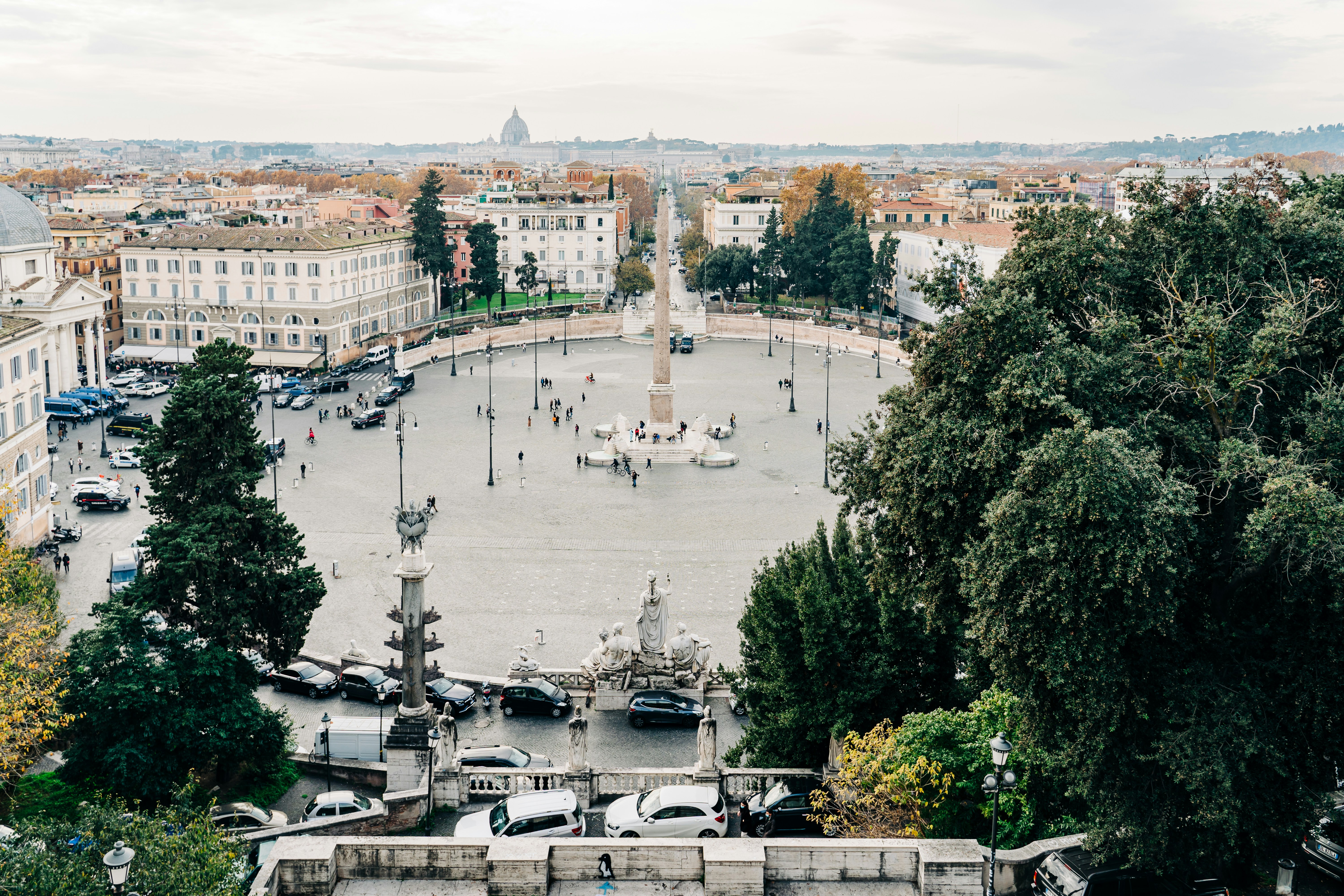 A tourist-free Piazza del Popolo seen from the top of the Pincio terrace in Rome, Italy