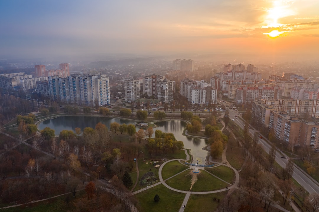 aerial view of city buildings during sunset