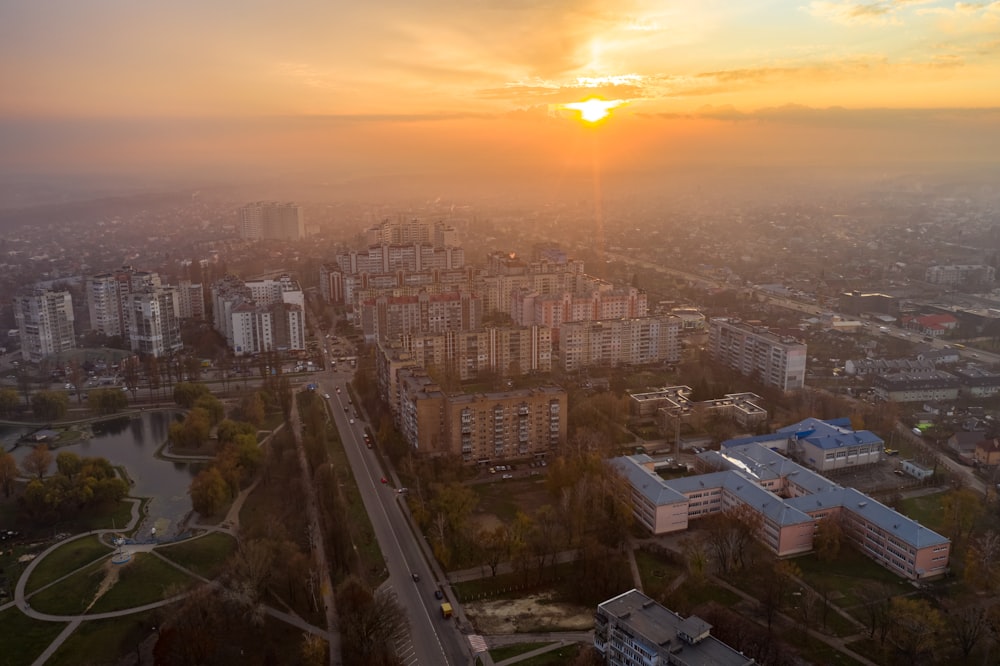 aerial view of city during sunset