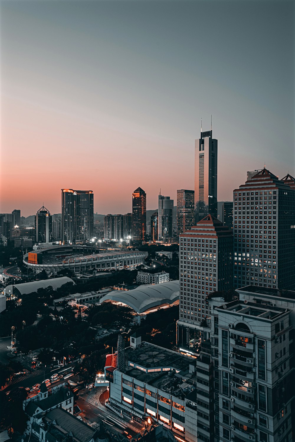 city skyline during night time