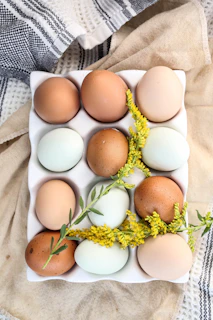 white egg on brown egg tray