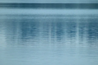 A serene poolside scene with gentle ripples reflecting soft blue and sandy tones.