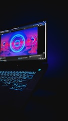 A glowing neon-blue terms and conditions page layout on a laptop screen.