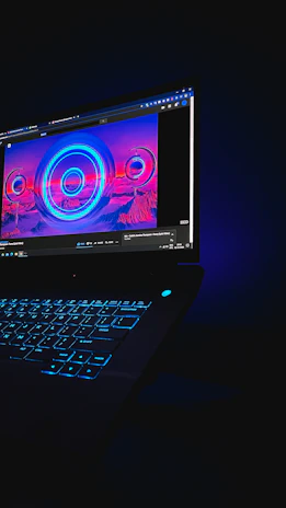 A sleek neon-lit laptop bag glowing in blue and purple hues on a dark futuristic background.