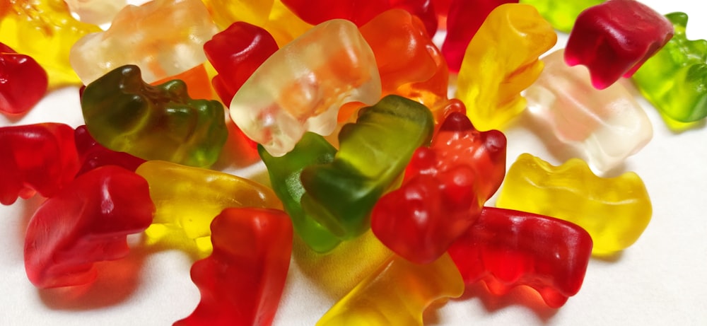 yellow red and green gummy candies