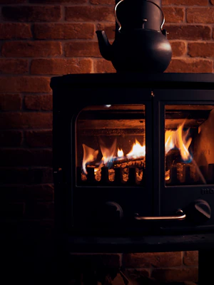 Modern pellet stove glowing warmly in a cozy living room setting.