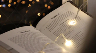 An open book titled 'Hebrews' is illuminated by string lights, with a background of warm, blurry bokeh lights.