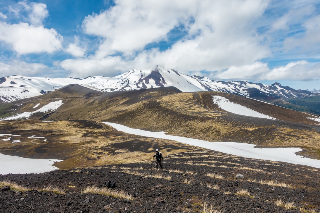 person standing on green grass field near snow covered mountain during daytime