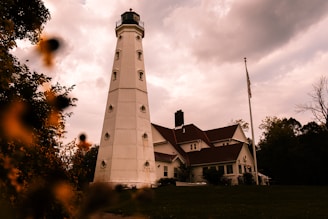 Exterior shot of the crooked lighthouse house nestled among tall trees under a bright blue sky.