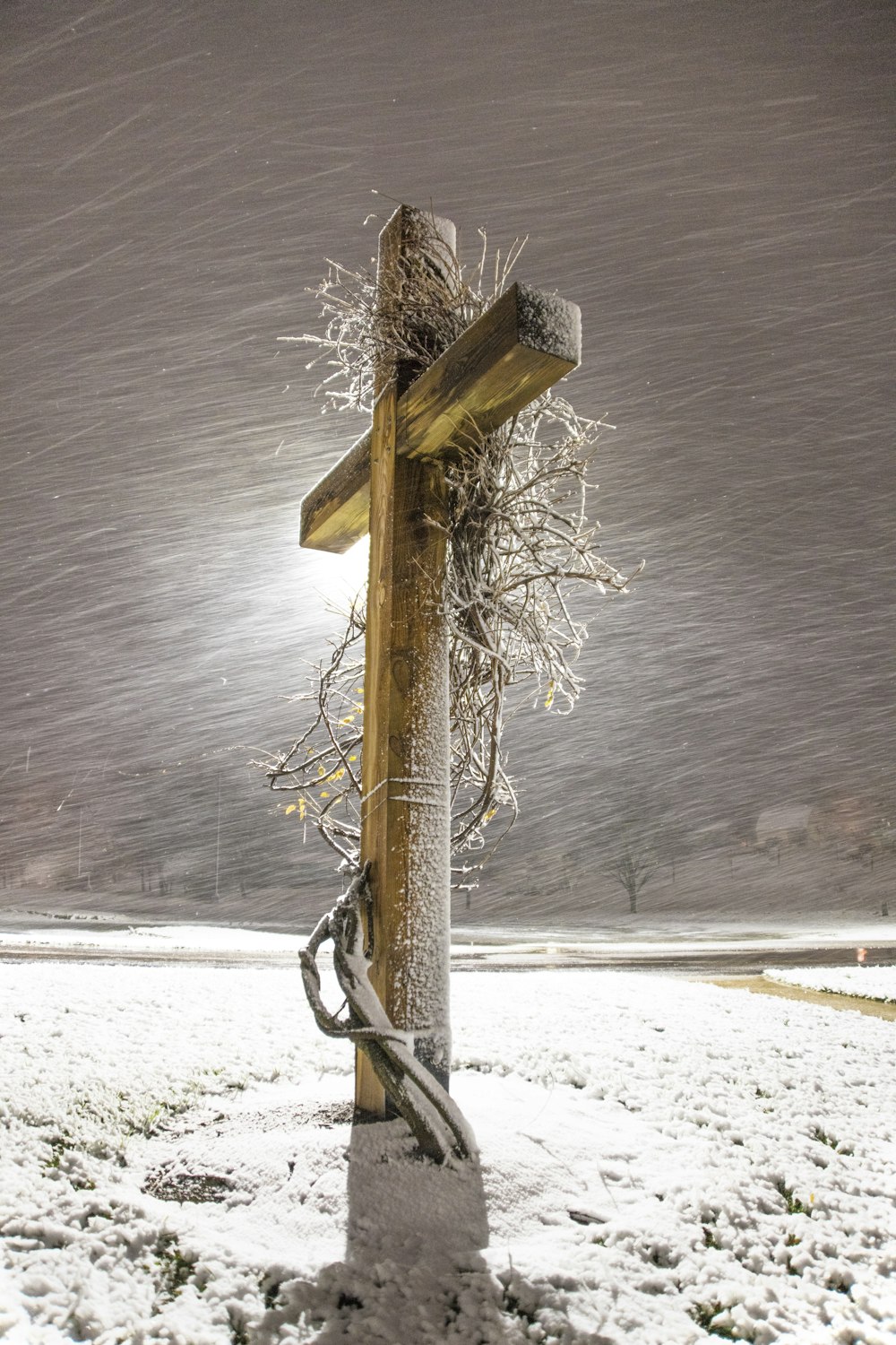 brown wooden post on snow covered ground