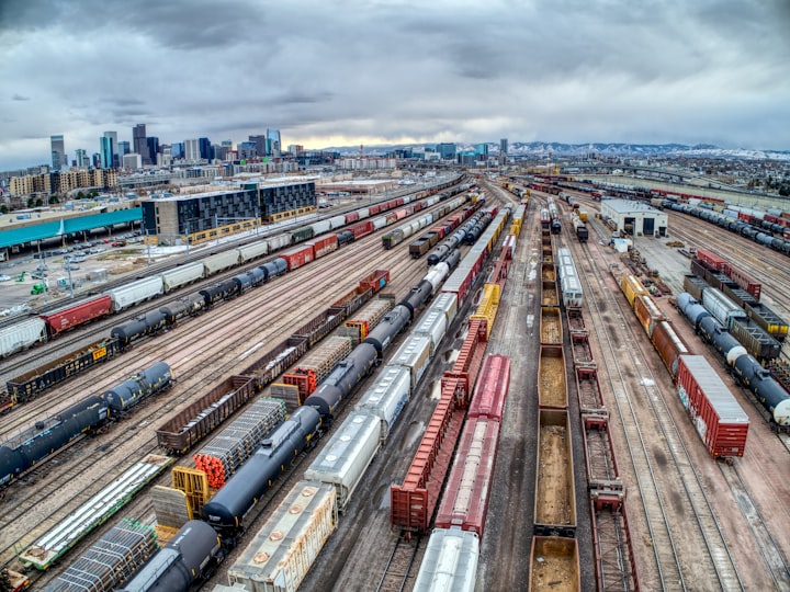 A rail yard with multiple shipping trains going through it