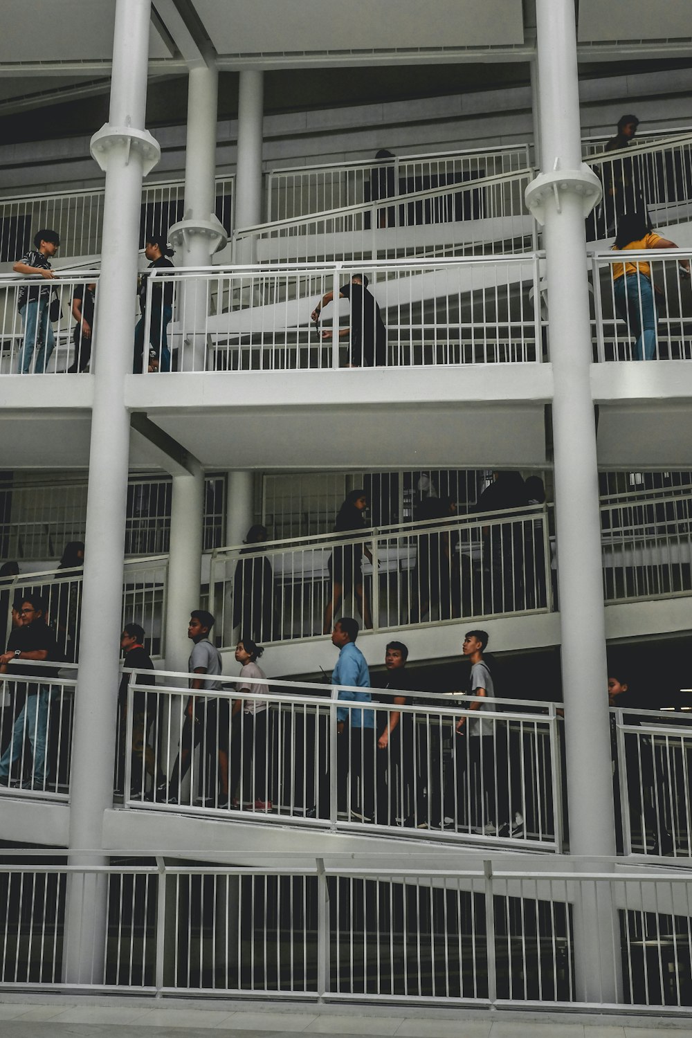 people sitting on white metal railings