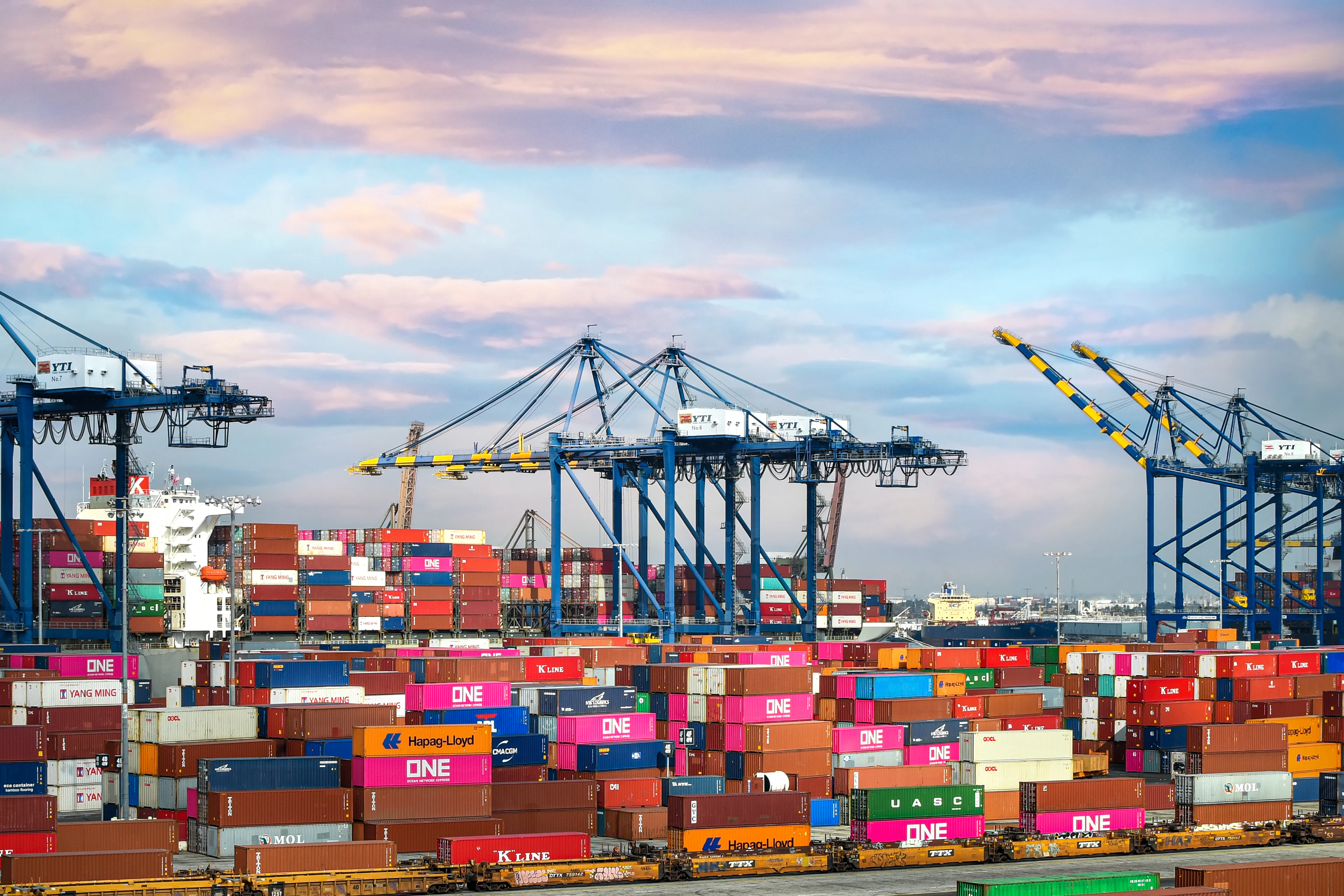 Shipping containers stacked at a port terminal