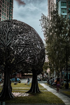 Urban steel furniture installed in a public park setting.