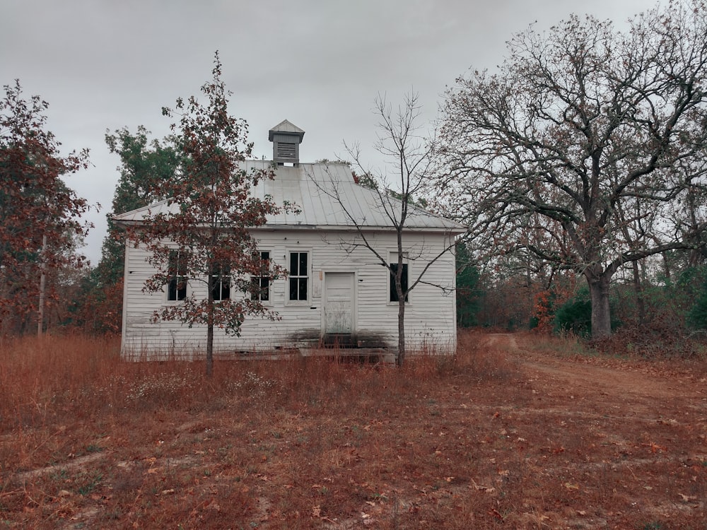 white concrete house near bare trees under white clouds during daytime