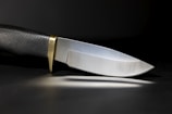 A sleek, sharp knife with a textured black handle and a shiny metallic blade. The knife has a brass bolster, and it is set against a dark background, casting a subtle reflection on the surface.