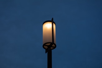 A sleek LED streetlight glowing with a soft blue and orange hue against a twilight sky.