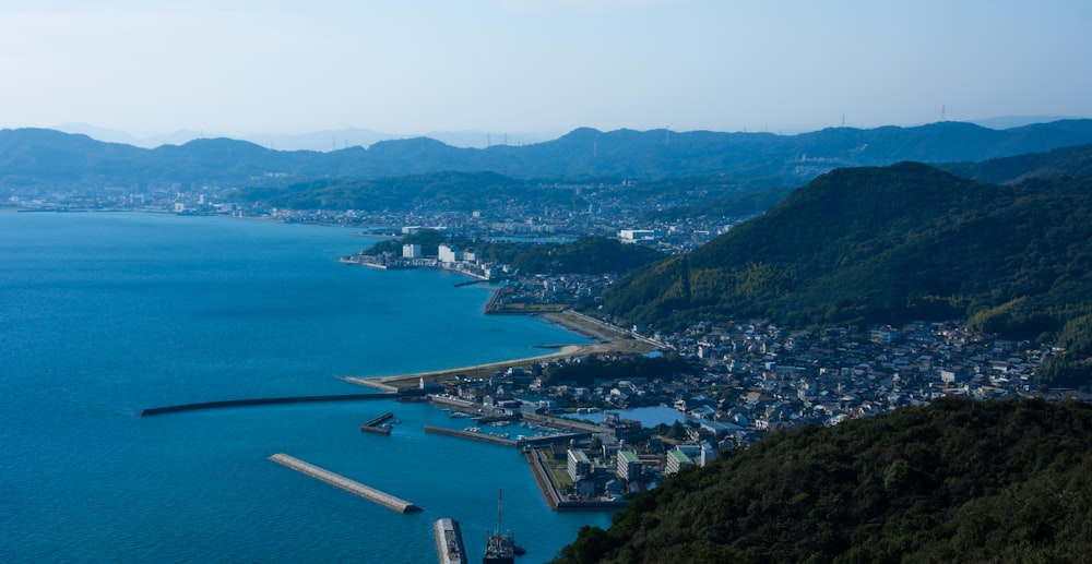 aerial view of city buildings near body of water during daytime