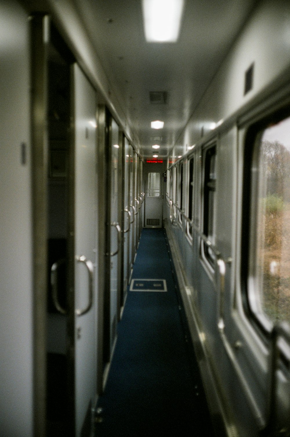 blue and white train interior