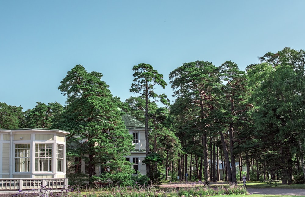 white and brown house surrounded by green trees under blue sky during daytime