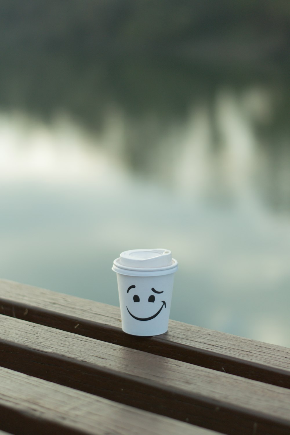 white and blue disposable cup on brown wooden table