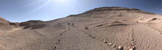A friendly land assistant walking through desert terrain with a clipboard in hand.