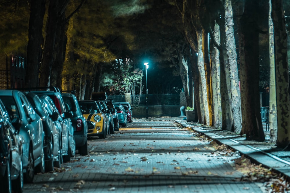 Coches aparcados a un lado de la carretera durante la noche