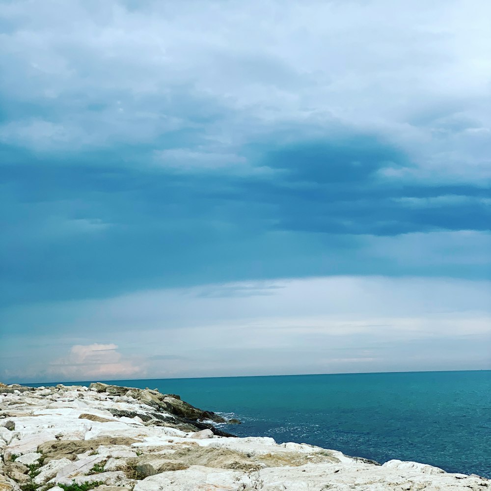 white and black rocky shore under white and blue cloudy sky during daytime