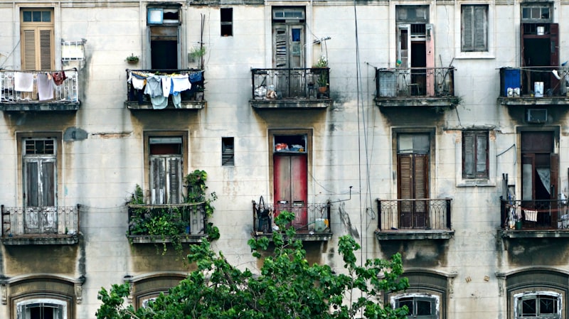 Apartment building with balconies and laundry lines
