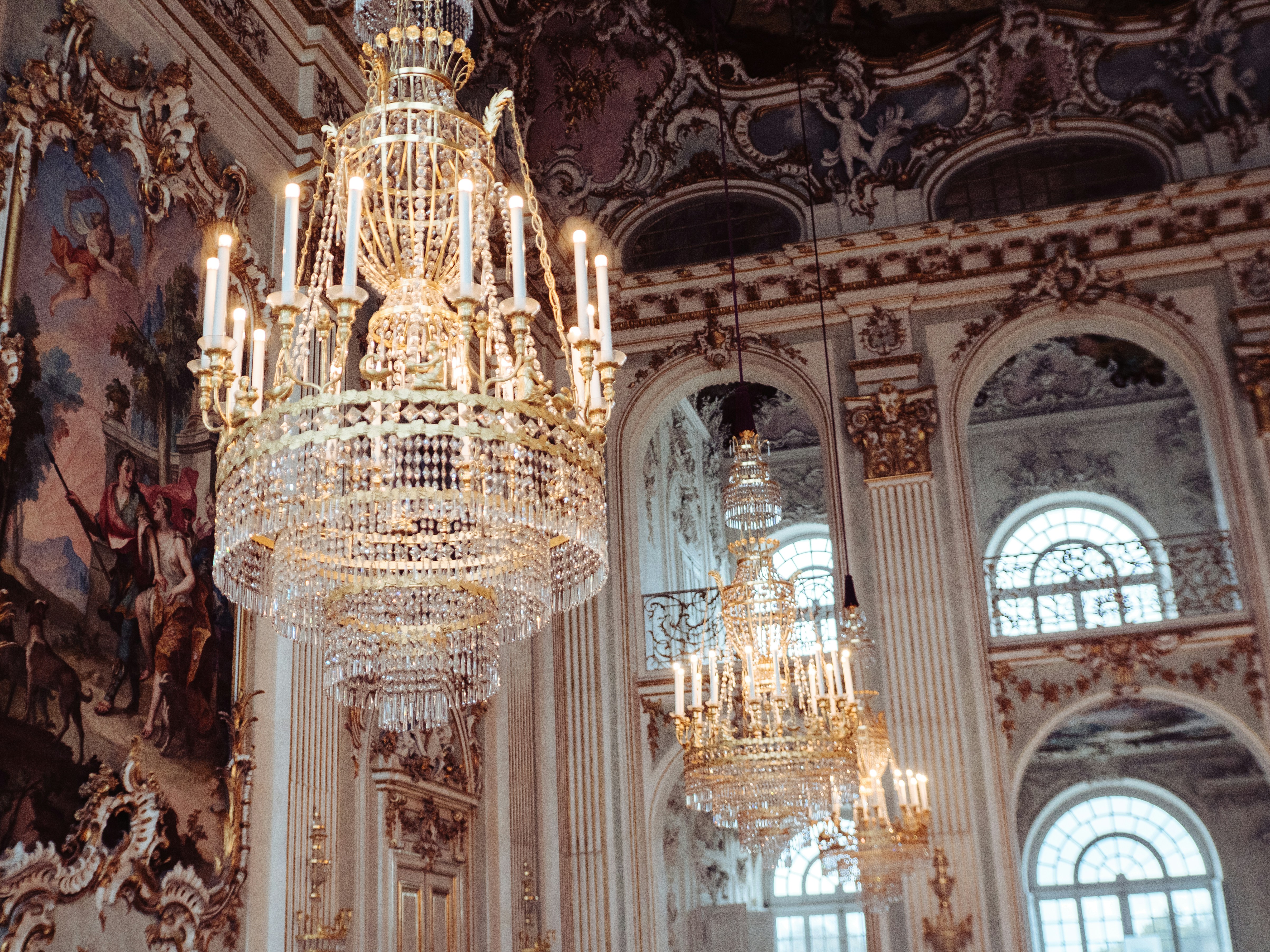 gold and white glass chandelier, 