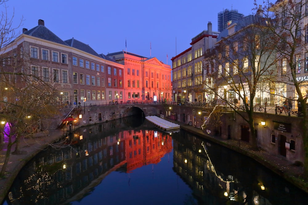 brown concrete building near body of water during night time