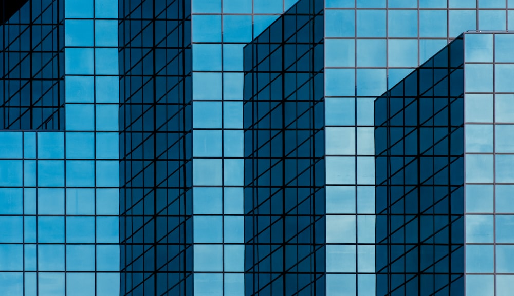 blau-weißes Gebäude mit Glaswänden