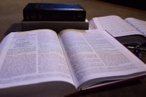 An open book with text is prominently displayed in the foreground, while another book is partially visible on the right. A closed book placed on its spine is in the background, creating a layered composition of reading materials.